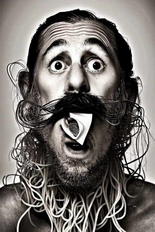 Image similar to extremely detailed portrait of old italian cook, spaghetti mustache, slurping spaghetti, spaghetti in the nostrils, spaghetti hair, spaghetti beard, huge surprised eyes, shocked expression, scarf made from spaghetti, full frame, award winning photo by david lachapelle