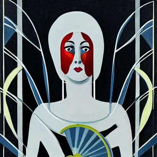 Prompt: lady with a fan, art deco surrealism