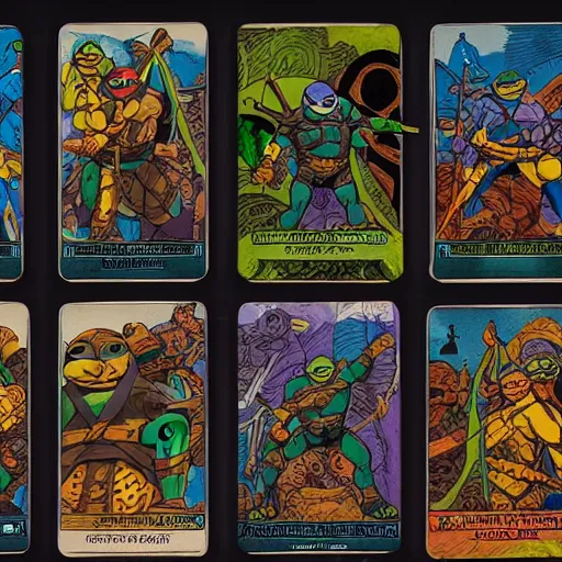 Image similar to The full set of tarot cards in the style of ninja turtles, hyperrealistic, highly detailed, depth of field, High definition, 8k, octane render, artstation