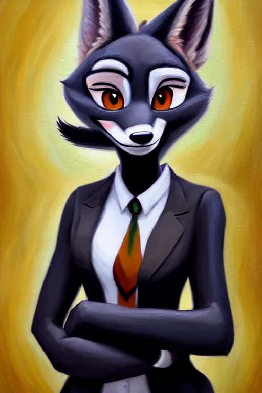 Image similar to oil painting of anthromorphic female wolf, in style of zootopia, female fursona, furry, furaffinity, 4 k, deviantart, furry art, fursona art, wearing black business suit, business suit, wolf fursona, female, smug expression,