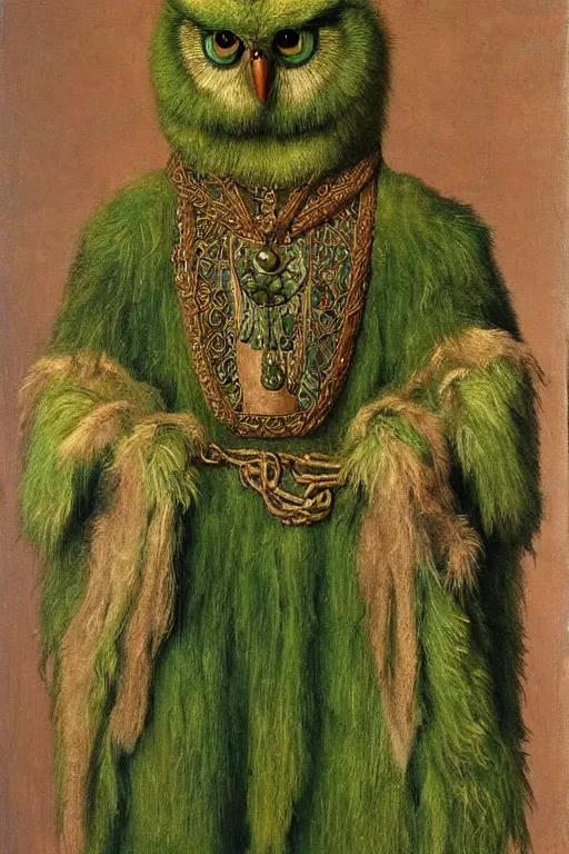 Image similar to portrait of humanoid iridescent green owlbear wearing a loose tunic. an anthropomorphic owlbear. fantasy, oil painting by jan van eyck, northern renaissance art, oil on canvas, wet - on - wet technique, realistic, expressive emotions, intricate textures, illusionistic detail