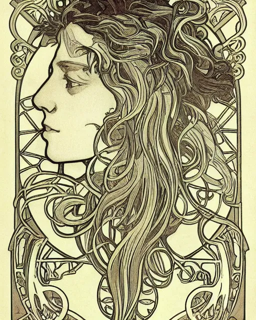 Image similar to four of an eagle, face of an lion, face of an ox, face of an human, on one creature. drawn by alphonse mucha