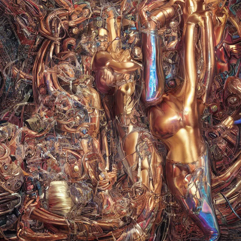 Prompt: octane render portrait by wayne barlow and carlo crivelli and glenn fabry and salvador dali and wes anderson, a giant futuristci woman with an elongated body made out of iridescent long metallic rubber tubing, in front of a huge silk tapestry, cinema 4 d, ray traced lighting, very short depth of field, bokeh