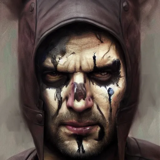 Image similar to sad portrait of frank castle the punisher, bruised, face paint, intricate, elegant, highly detailed, centered, grungy, digital painting, artstation, concept art, smooth, sharp focus, illustration, artgerm, tomasz alen kopera, artstation, boris vallejo