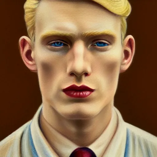 Image similar to A color pencil drawing portrait of a blond young Irish man with high cheekbones. Good bone structure. Dressed in 1940s style. Highly detailed, fine Art, high detail, great lighting, 8k resolution, masterpiece, concept art, illustration, clear eyes, painting oil on canvas, octane render, HDR, trending on artstation, 4k, 8k, HD