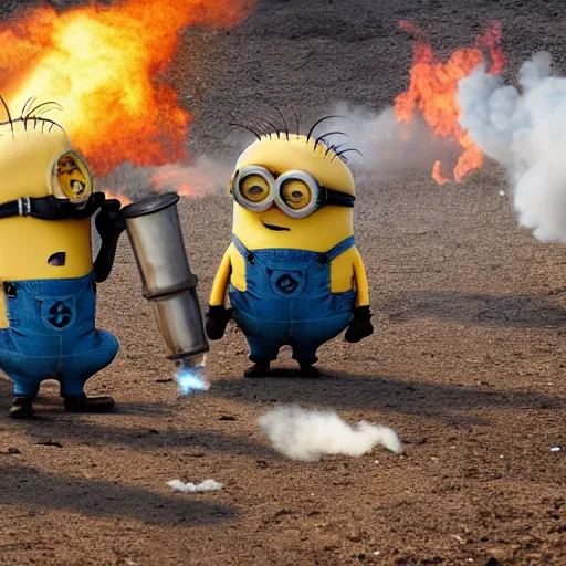 Image similar to minions firing a mortar from a mortar pit, debris and dirt flying from recoil, smoke, war photography