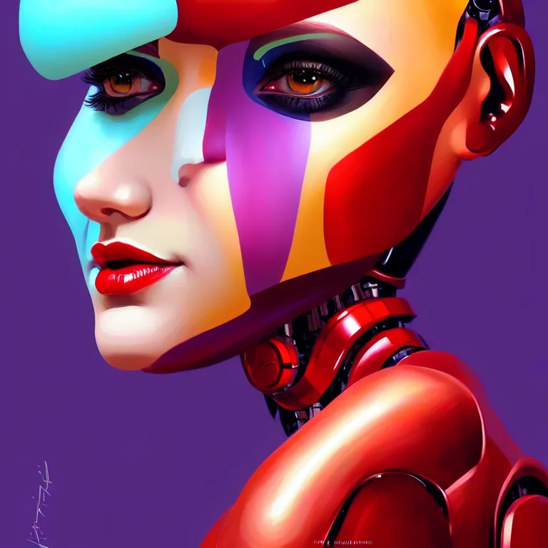 Image similar to android robot woman face painting, looking straight to camera, moderate colors, ornate, digital art, cute smile, winning artwork, digital painting, professional art, elegant, by Ilya Kuvshinov, by artgerm