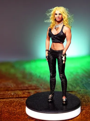 Prompt: a resin miniature of Britney Spears wearing crimped hair, black pants, and a metallic green peasant crop top in Warhammer, miniature product photo, full body, on textured disc base, 4K, HD