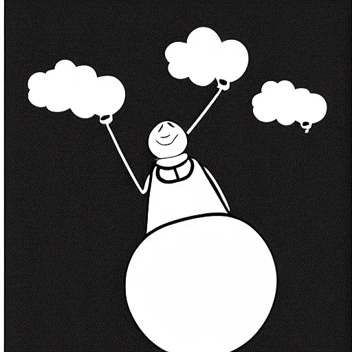 Prompt: book illustration of a balloon character holding a inflated human by a string, book illustration, monochromatic, white background, black and white image