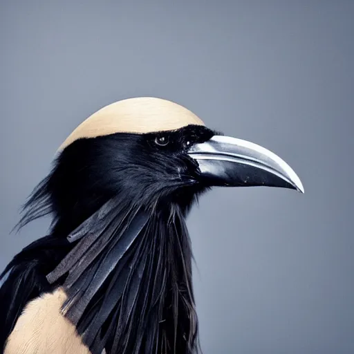 Image similar to a photo of a crow wearing a wig of luxurious, long blonde hair. the crow looks fabulous and she knows it.