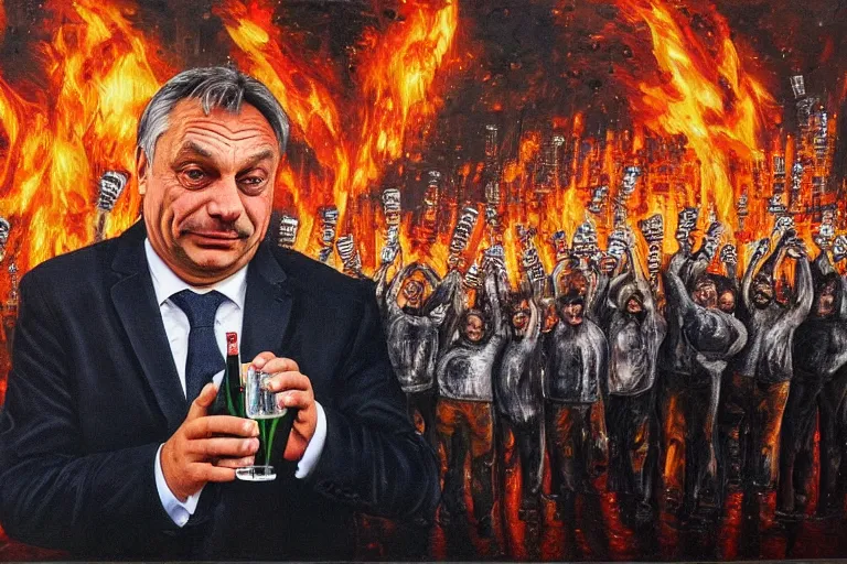 Image similar to viktor orban drinking champagne and cheering at the apocalyse in front a burning city, highly detailed eyes, oil on canvas