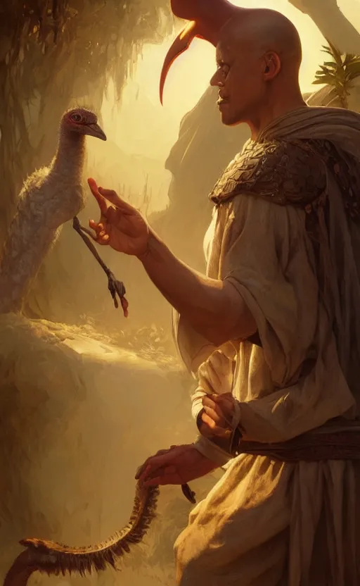 Prompt: male monk petting an undead emu, d & d, fantasy, intricate, highly detailed, digital painting, artstation, octane render, concept art, matte, sharp focus, illustration, hearthstone, art by artgerm and greg rutkowski and alphonse mucha