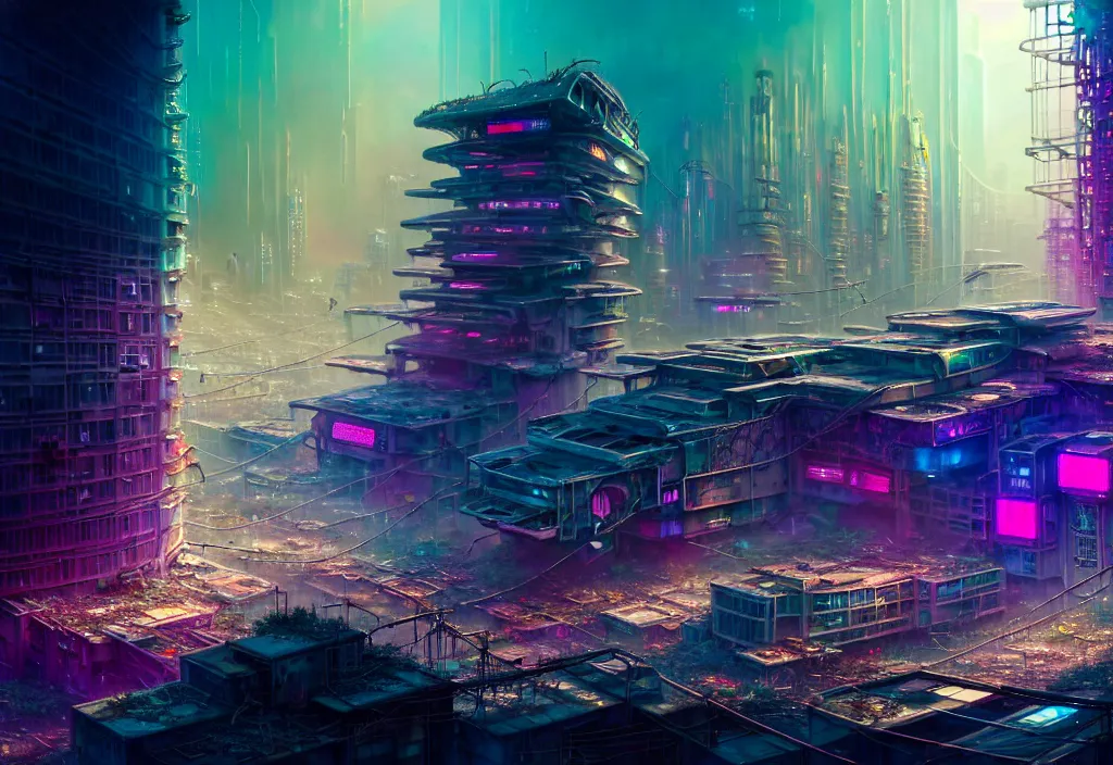 Prompt: A highly detailed crisp wide view of A beautiful futuristic cyberpunk abandoned dystopia city building with futuristic bright lights, plants allover , godray, sunlight breaking through clouds, clouds, debris on the ground, abandoned machines bright happy colors, chaotic , nitid horizon, factory by wangchen-cg, 王琛,Neil blevins, artstation, Gediminas Pranckevicius