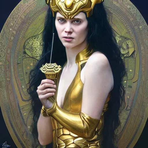 Prompt: Portrait of a female genderbent Loki with golden horned helmet drawn by Donato Giancola and Tom Bagshaw, face by Artgerm, overall design by Alphonse Mucha, background by James Jean and Gustav Klimt, light by Julie Bell, 4k, porcelain skin, komorebi, french nouveau, trending on artstation, octane render, hyperrealistic