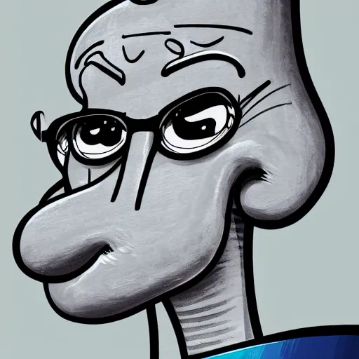 Image similar to handsome squidward as male, detailed cartoon lines, pop art style, portrait, detailed painting