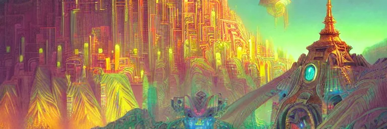 Prompt: a sprawling miniature cybernetic temple, surrounded by fractals, cybernetic faces, vaporwave aesthetic, colorful, psychedelic, digital painting, artstation, concept art, smooth, sharp focus, illustration, art by artgerm and greg rutkowski and alphonse mucha