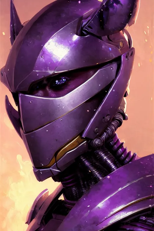 Image similar to extreme close up, facial portrait, woman with a long black ponytail in purple sci - fi armor, kitsune mask on head, mechanical armor, cybernetic hands, striking pose, portrait dnd, painting by gaston bussiere, craig mullins, greg rutkowski, yoji shinkawa