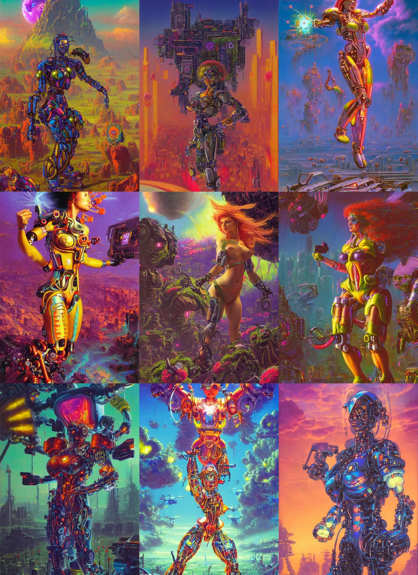 Prompt: muscled cybertronic cyborg flower girl, bright colors, biotechnology, explosions in background, bao pnan, tim hildebrandt, wayne barlow, bruce pennington, donato giancola, larry elmore, oil on canvas, denoise, masterpiece, featured on pixiv, cinematic composition