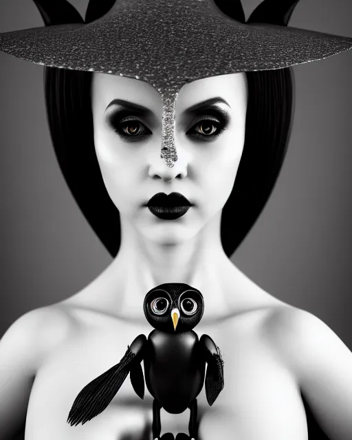 Image similar to surreal mythical dreamy dark artistic black and white fine art 3 / 4 fashion portrait photo of a young beautiful delicate female robot - witch - owl with orchid - doll face, rim light, cinematic, studio dramatic light, poetic, masterpiece, octane render, 8 k, photo