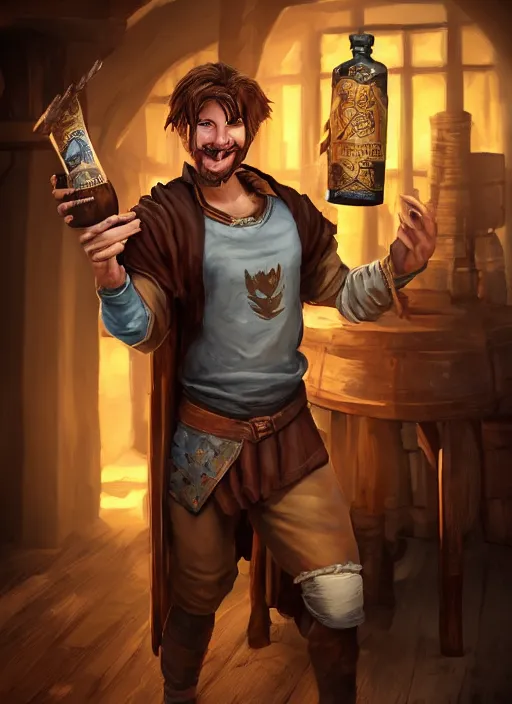 Image similar to An epic fantasy comic book style portrait painting of a handsome young man with brown wavey hair, wearing thief clothing in a tavern and smiling with a wooden tankard in hand, unreal 5, DAZ, hyperrealistic, octane render, cosplay, RPG portrait, dynamic lighting