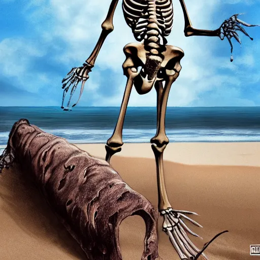 Image similar to highly detailed anatomically accurate skeleton on the beach with nuclear explosion in the background, trending on Artstation