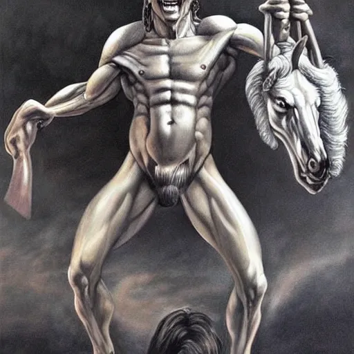 Image similar to beautiful lifelike painting of a centaur centaur centaur chimera tom cruise torso, majestic cinematic, hyperreal detailed facial features and uv lighting, art by ed roth and basil wolverton