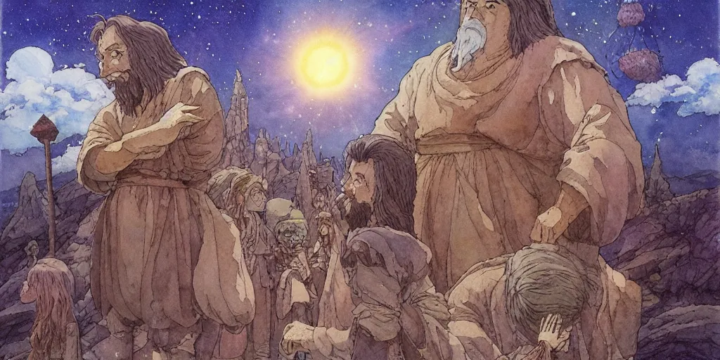 Image similar to a hyperrealist studio ghibli watercolor fantasy concept art of a giant long haired medieval monk with their heads down in lotus position in stonehenge with a starry sky in the background. a giant alien starship from independence day ( 1 9 9 6 ) is floating in the air. by rebecca guay, michael kaluta, charles vess