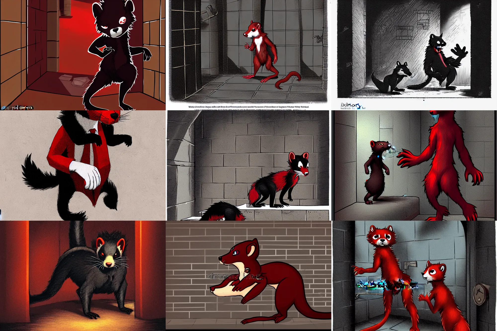 Prompt: world of darkness source book illustration of an anthropomorphic red - black furry weasel - ferret - stoat fursona ( from the furry fandom ) in prisoner's regalia, in a prison cell, scratching at the walls