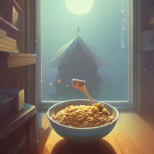 Image similar to highly detailed bowl of oatmeal mixed with cornflakes, stephen bliss, unreal engine, greg rutkowski, loish, rhads, beeple, makoto shinkai and lois van baarle, ilya kuvshinov, rossdraws, tom bagshaw, alphonse mucha, global illumination, god rays, detailed and intricate environment