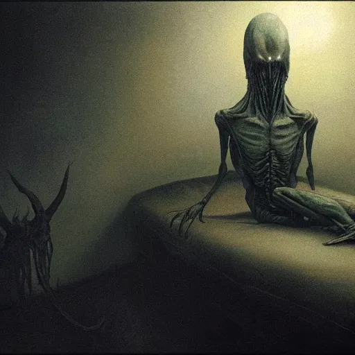 Image similar to demonic alien with long fingers at the foot of the bed in a dark room, beksinski, dariusz zawadzki, very coherent symmetrical artwork, cinematic, hyper realism, high detail, octane render, 8 k