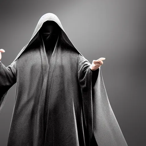 Image similar to a figure shrouded in a cloak, one hand comes out holding a handgun, 4 k, photorealistic