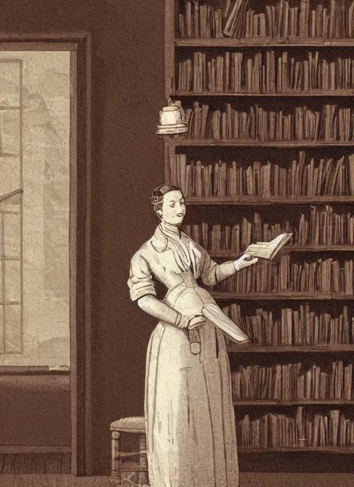 Prompt: a character portrait of a lady doctor, centered, year 1 8 0 0, illustration, standing in front of a book!!! shelf!!! with a lot of books, facing the camera, by andrew bosley and vincent dutrait