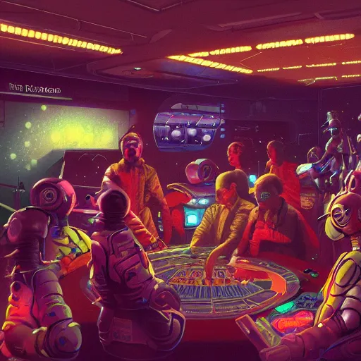 Image similar to crowded used future casino, robots humans and extraterrestrials, on a crowded space station, jim henson creature shop, 1 9 8 0 s science fiction, 1 9 7 0 s science fiction, alien 1 9 7 9, cyberpunk, 3 d oil painting, depth perception, 4 k, artstation