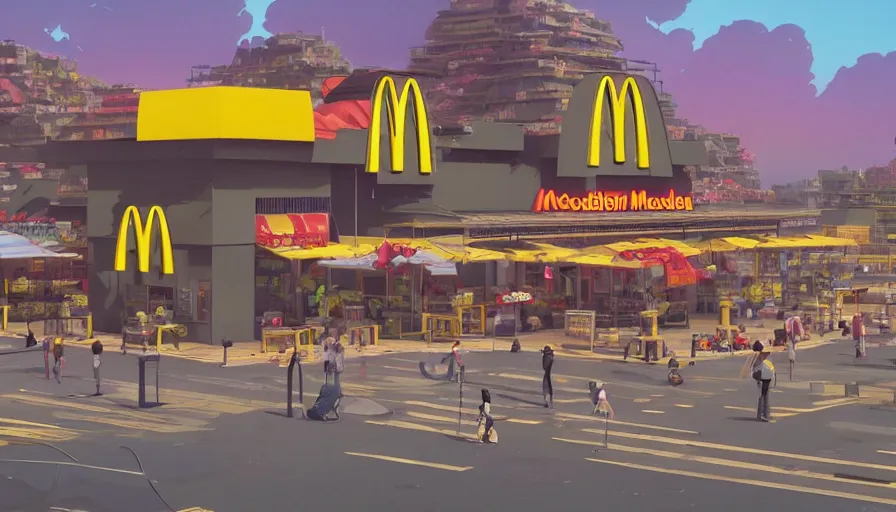 Image similar to A highly detailed matte painting of the biggest McDonalds in the world, by Studio Ghibli, Makoto Shinkai, by Artgerm, by beeple, by Greg Rutkowski, volumetric lighting, octane render, 4K resolution, trending on artstation, masterpiece