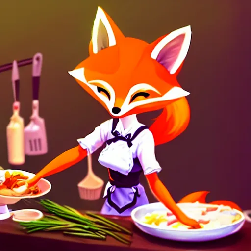 Prompt: a cute anthropomorphic fox girl maid preparing dinner in the kitchen. league of legends splash art