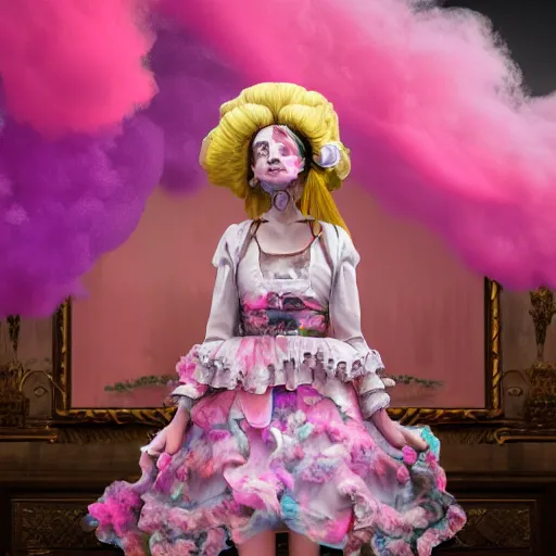 Image similar to 8 k, octane render, realism, tonalism, renaissance, rococo, baroque, portrait of a young - lady wearing long - harajuku manga - dress with flowers and skulls, cotton candy!! ( background chaotic cotton candy flowers )