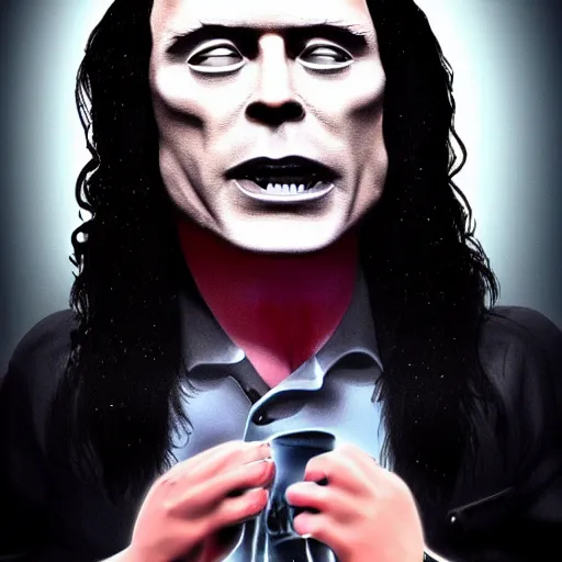 Prompt: melting tommy wiseau, dramatic lighting, horror lighting, 8k