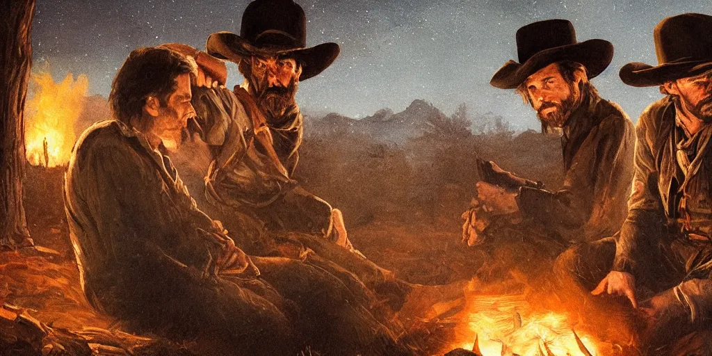 Prompt: in the old west, at a campfire at night, close up portrait of one sleeping bandit, rugged battle - scar scoot mcnairy ( ( alone ) and wide shot of one young thomas brodie - sangster ( ( alone ) ) watches the stars and his horse grazes, in the style of a cinematic oil painting, warm color palate, astral