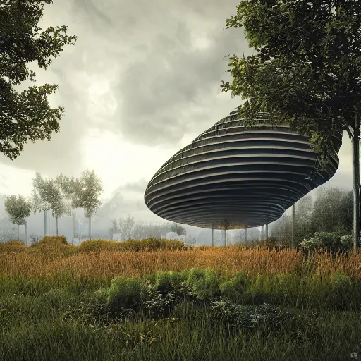 Image similar to a biotech organic architectural building which is placed in the middle of a very detailed landscape populated by human beings living in harmony with nature, photorealistic, 3d, Octane Render, Cinematica, perfect lightning