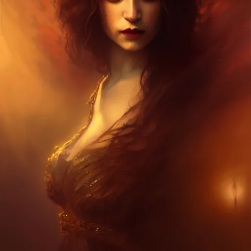 Image similar to majestic gracious regal aristocratic brunette female vampire portrait, atmospheric lighting, painted, menacing, intricate, volumetric lighting, beautiful, rich deep colours masterpiece, golden hour, sharp focus, ultra detailed, by leesha hannigan, ross tran, thierry doizon, kai carpenter, ignacio fernandez rios