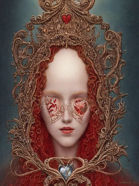 Image similar to a beautiful render of a baroque catholic veiled red queen with symmetry intricate detailed heart sculpture,by LEdmund Leighton, peter gric,aaron horkey,Billelis,trending on pinterest,hyperreal,jewelry,gold,intricate,maximalist,glittering,golden ratio,cinematic lighting