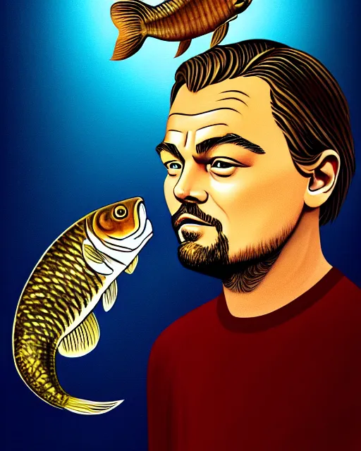 Image similar to painting portrait of leonardo dicaprio and a carp, cartoon, warm lighting, leonardo dicaprio has a carp. leonardo dicaprio and a carp fish. movie poster, illustration by bartek fedyczak, erak note, tooth wu, neil richards, kan liu, siwoo kim, jisu choe, trending on art station