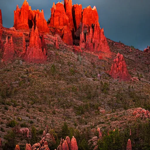 Prompt: hasselblad photograph of a epic dark gothic cathedral with tall spires made of hard red rock, gothic cathedral, GOTHIC cathedral, bristlecone pine trees, ultrawide cinematic, dark dramatic skies, atmospheric, vultures
