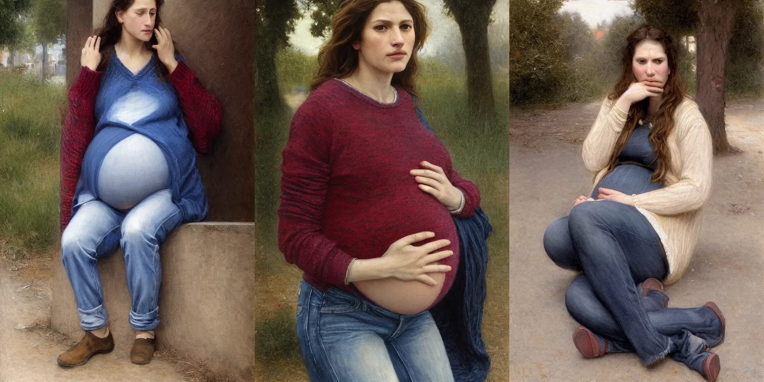 Prompt: pregnant woman in jeans and sweater waiting for the bus by Alyssa Monks, Bouguereau. Hyper realism, realistic proportions, dramatic lighting, high detail 4k