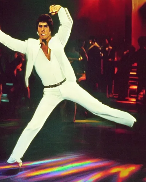 Image similar to john travolta as white suited tony manero in saturday night fever dancing at a disco with an multicolored illuminated floor, cinematic, 1 9 7 0 s style