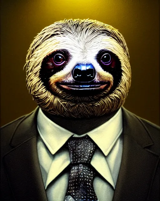 Prompt: hyperrealistic mixed media painting of a sloth wearing a suit and tie, dimly lit dive bar, stunning 3d render inspired art by P. Craig Russell and Barry Windsor-Smith + perfect facial symmetry + dim volumetric lighting, 8k octane beautifully detailed render, post-processing, extremely hyperdetailed, intricate, epic composition, grim yet sparkling atmosphere, cinematic lighting + masterpiece, trending on artstation, very very detailed, masterpiece, stunning