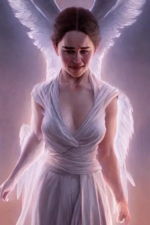 Prompt: Emilia Clarke as an Angel, anatomy, only two hands, highly detailed, digital painting, artstation, concept art, smooth, sharp focus, illustration, Unreal Engine 5, 8K, art by art by artgerm and greg rutkowski and edgar maxence