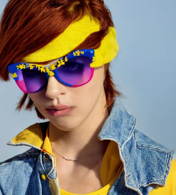 Prompt: a 4 k photorealistic photo medium shot of a punk girl with auburn hair wearing yellow sunglasses, a blue backwards cap, and a yellow and blue stripes shirt.