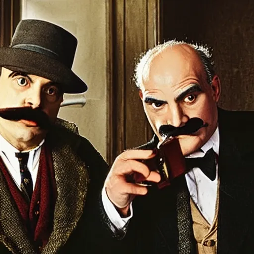 Prompt: hercule poirot and sherlock holmes investigating a lovecraft mystery