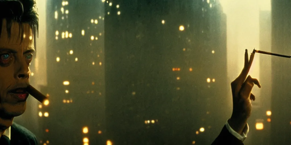 Image similar to beautiful cinematic film still of steve buscemi smoking a cigarette on a building top overlooking the rainy city in blade runner, 4 k